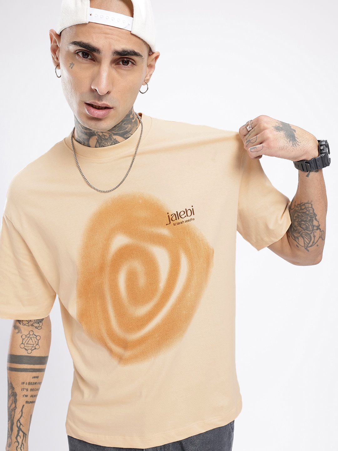 

glitchez Street Cool Graphic Printed Relaxed Fit T-shirt, Beige