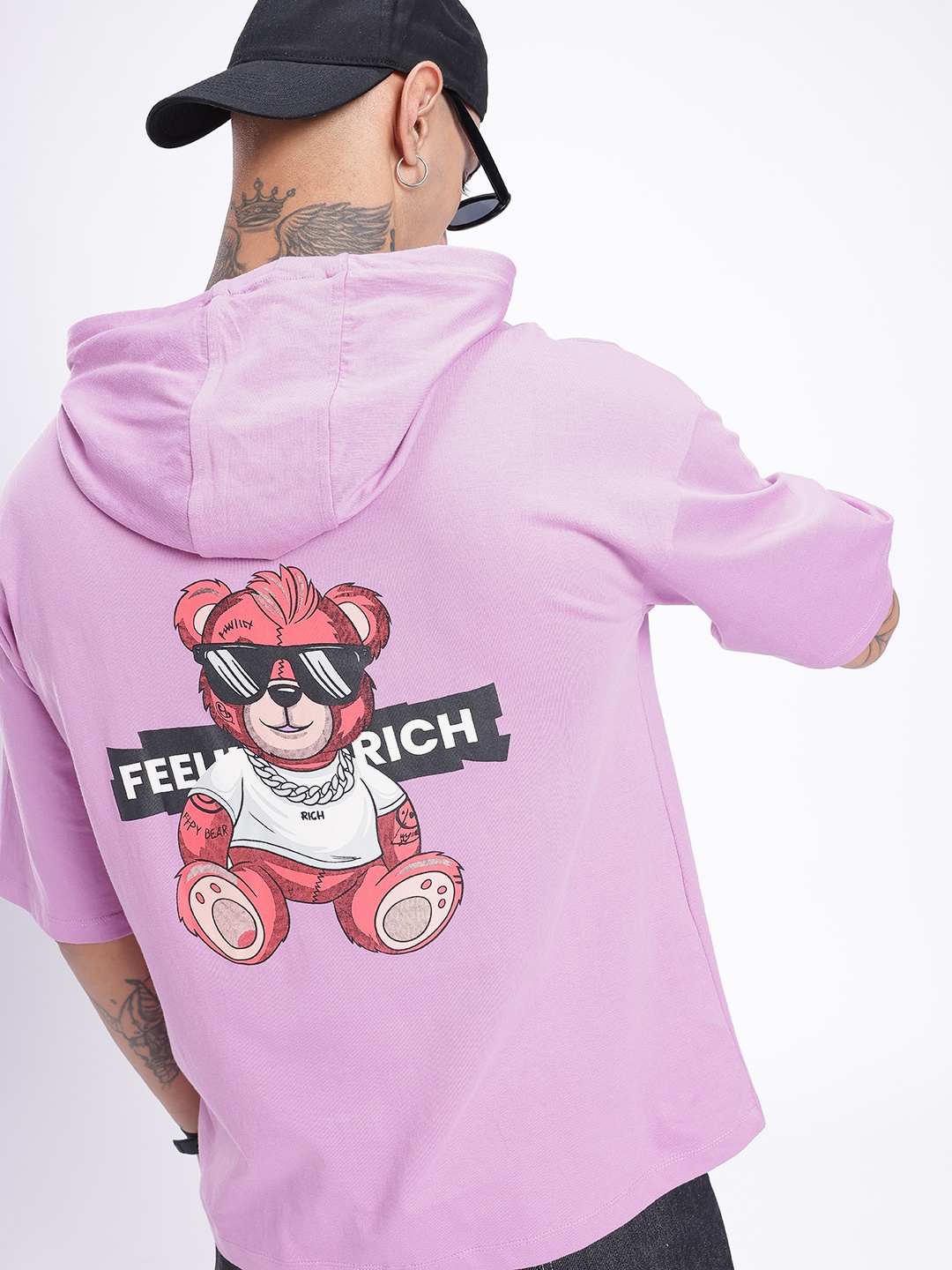 

glitchez Street Vibe Printed Hooded Relaxed Fit T-shirt, Lavender