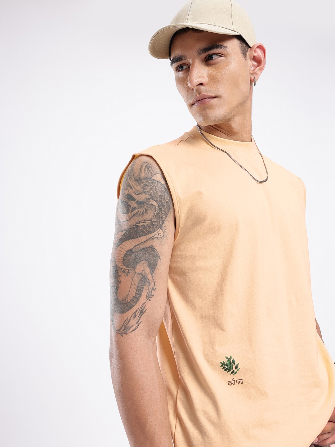 

glitchez Street Vibe Sleeveless Relaxed Fit T-shirt, Beige
