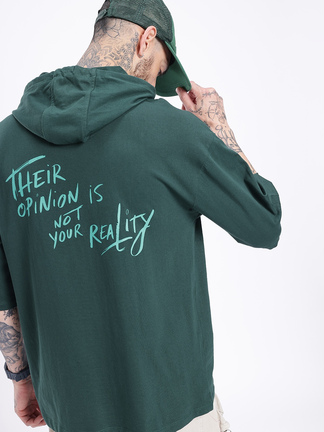 

glitchez Modern Vibe Typography Printed Hooded Relaxed Fit T-shirt, Teal