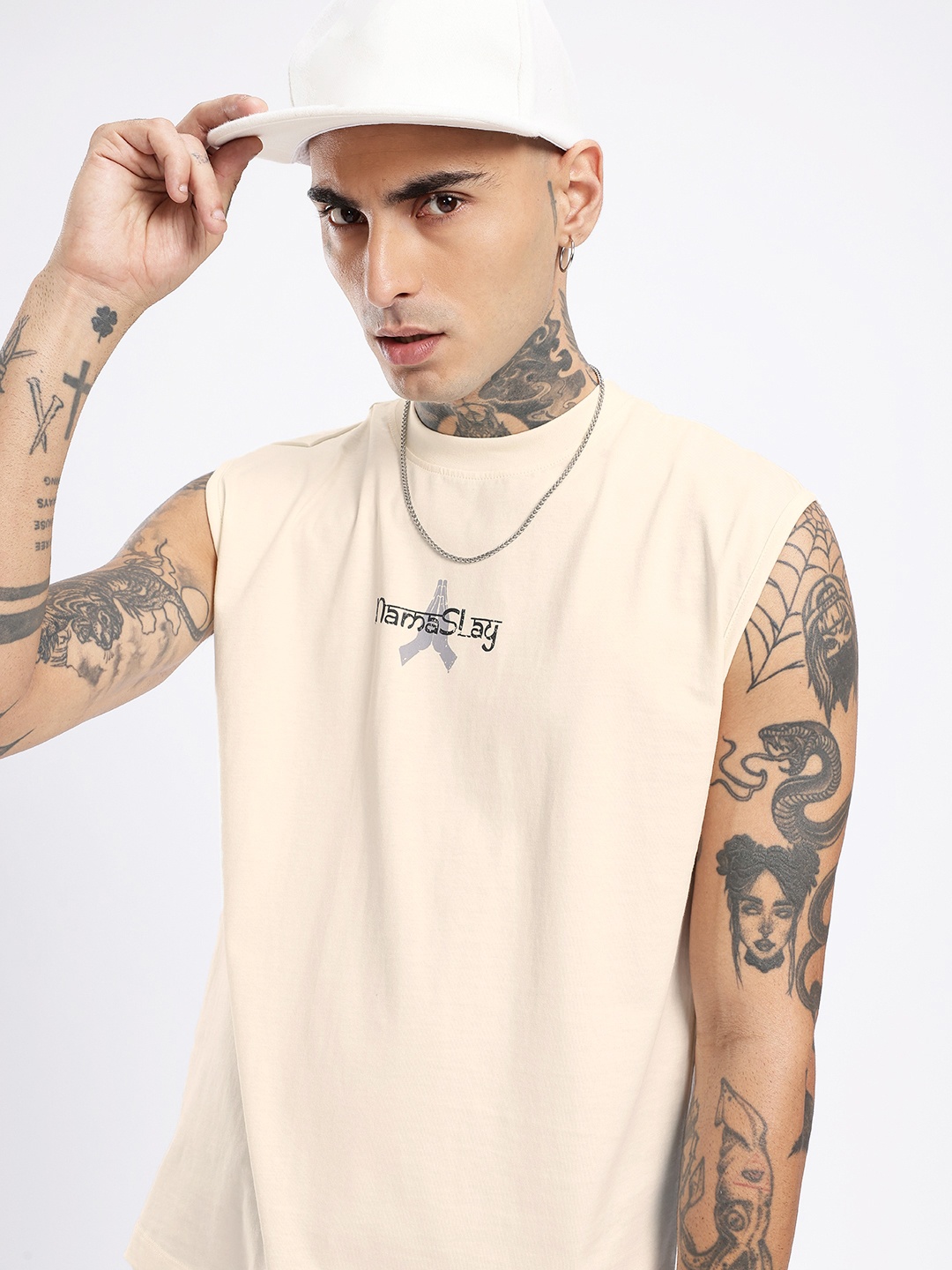 

glitchez Street Vibe Sleeveless Relaxed Fit T-shirt, Off white