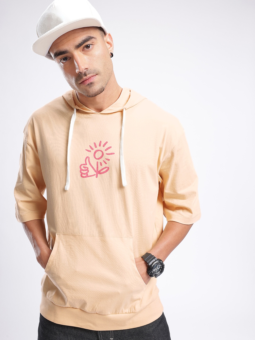 

glitchez Downtown Dope Printed Hooded Relaxed T-shirt, Cream