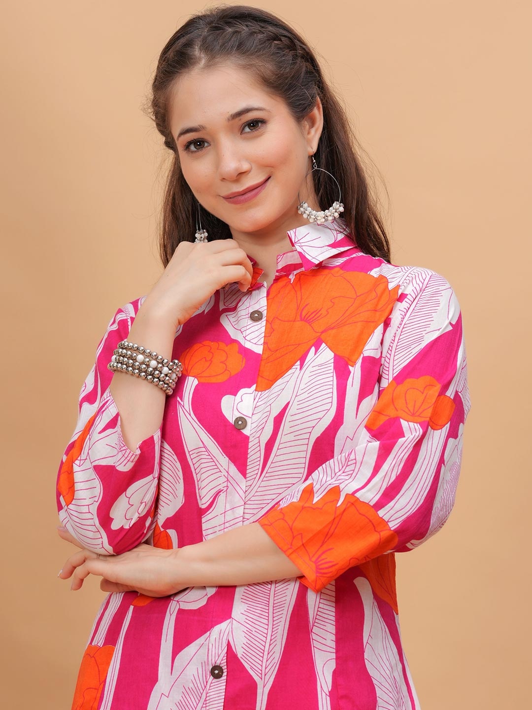 

DORIYA Floral Printed Shirt Collar Three-Quarter Sleeves Top & Trouser, Pink