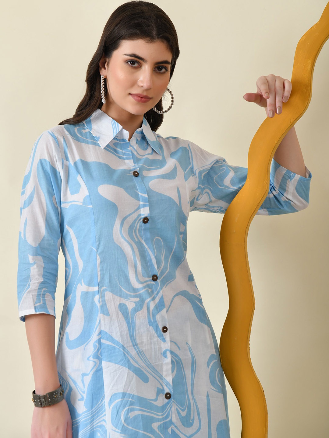 

DORIYA Abstract Printed Shirt Collar Three-Quarter Sleeves Top & Trouser, Blue