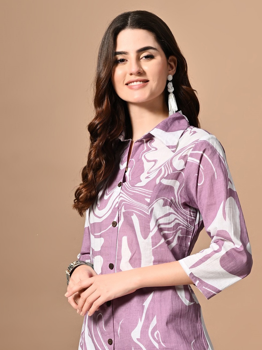 

DORIYA Abstract Printed Shirt Collar Three-Quarter Sleeves Top & Trouser, Purple