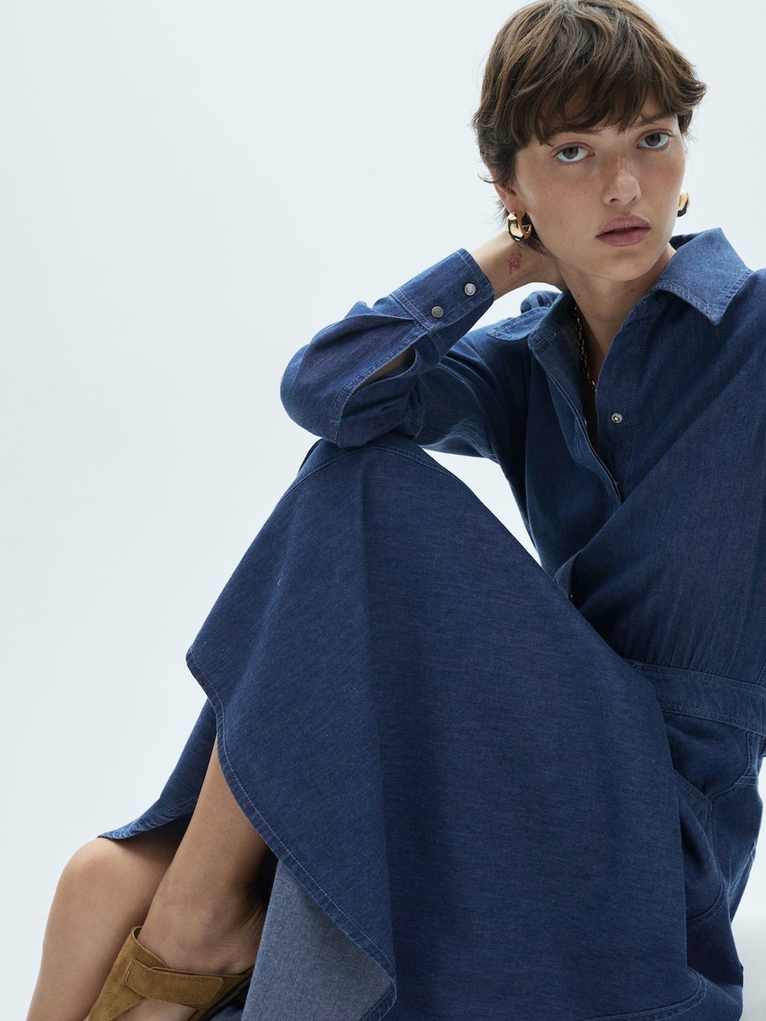 

MANGO Chambray Shirt-Style Belted Cotton Midi Dress, Blue