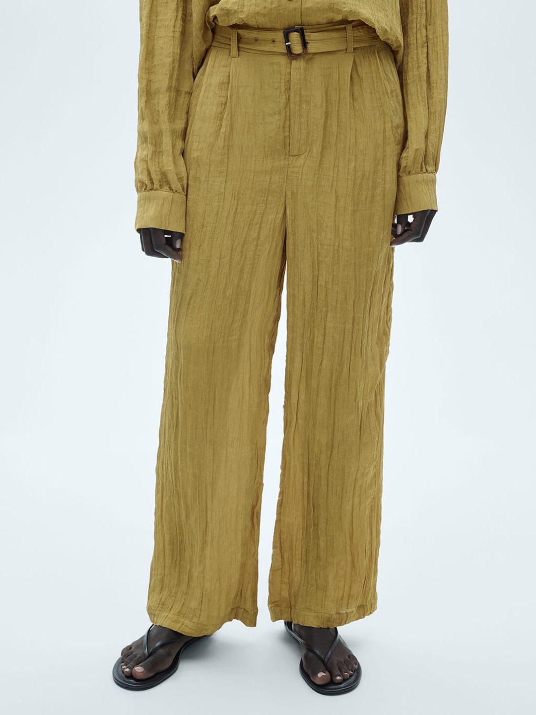 

MANGO Women Textured Pleated Trousers with Belt, Khaki