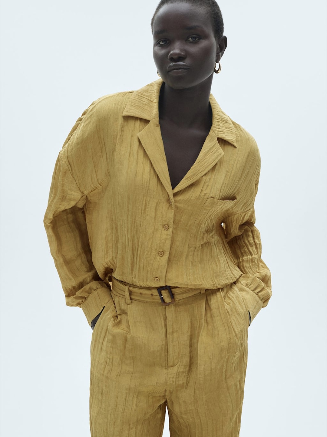 

MANGO Women Crinkled Casual Shirt, Mustard