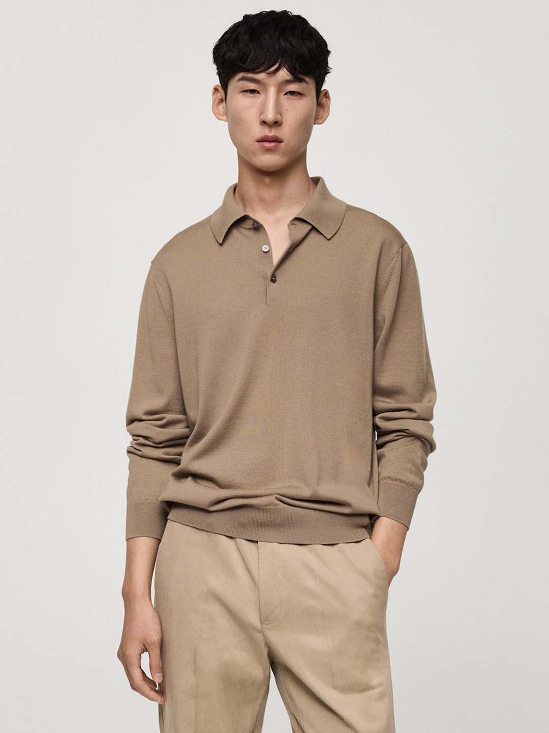 

MANGO MAN Fine Knit Pure Wool Polo Collar Pullover, Khaki