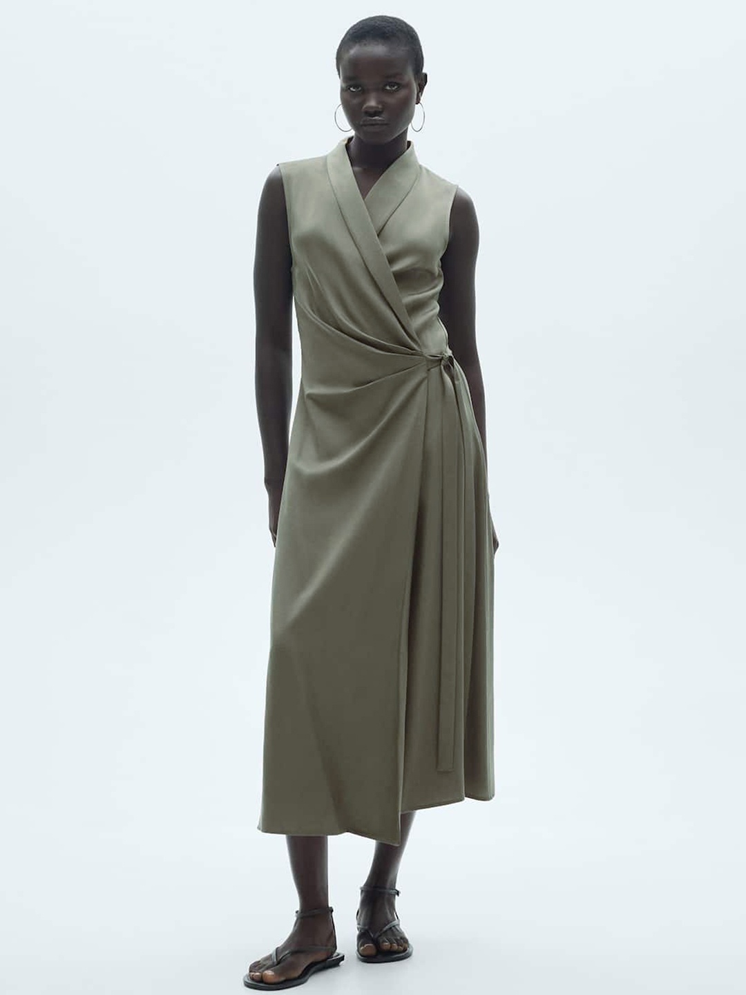 

MANGO Shawl Collar Wrap Twisted Midi Dress, Green