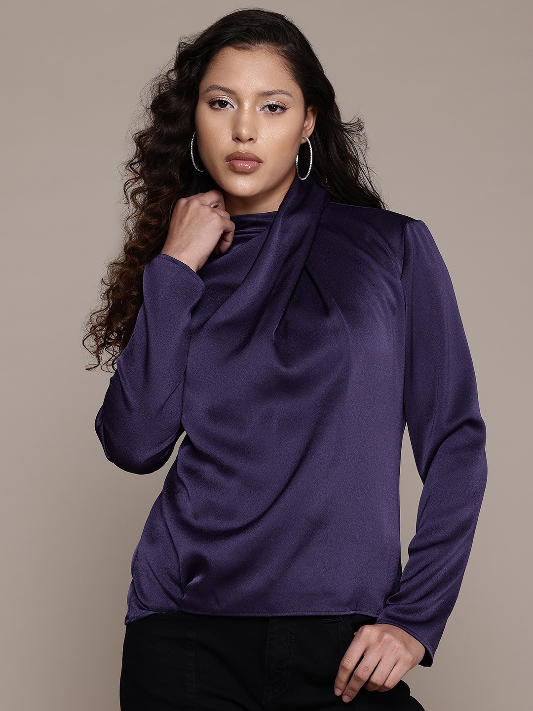 

MANGO Draped High Neck Satin Top, Purple