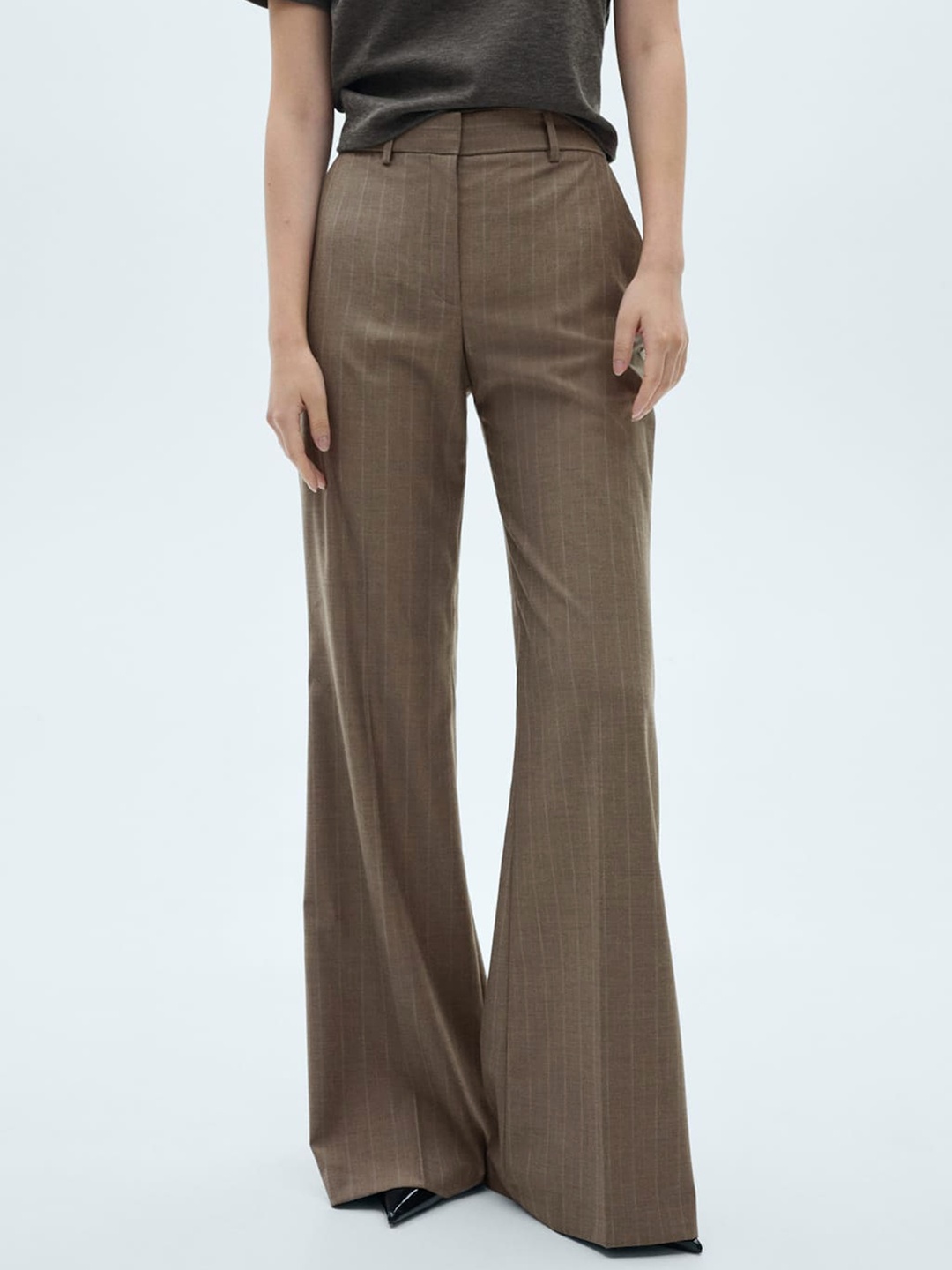 

MANGO Women Striped Smart Casual Trousers, Brown