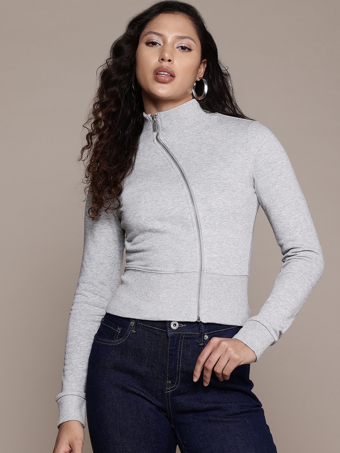 

MANGO High Neck Curved Zip Sweatshirt, Grey