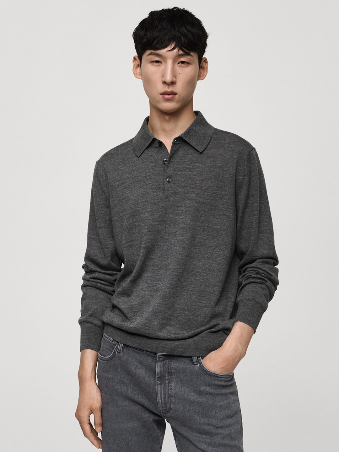 

MANGO MAN Polo Collar Pure Wool Pullover, Charcoal