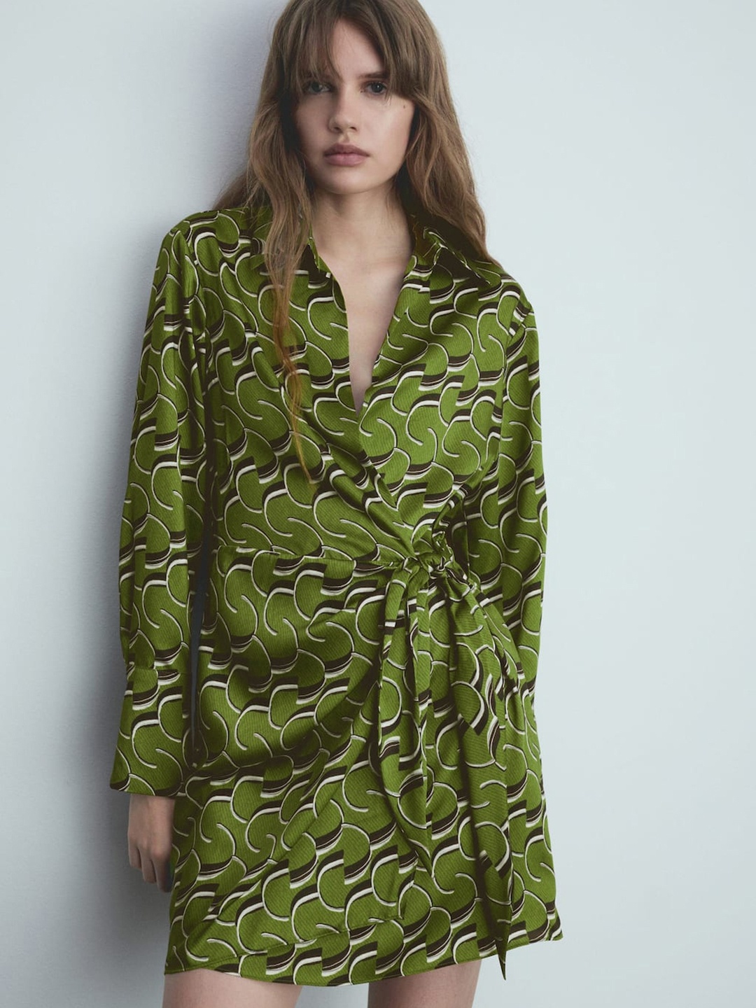 

MANGO Printed Satin-Finish Wrap Dress, Olive