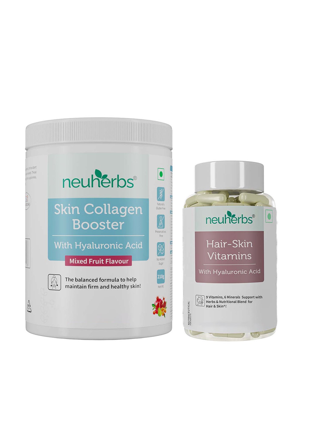 

Neuherbs Set Of Hyaluronic Acid Skin Collagen Booster 210g & Hair Skin Vitamins 60Capsules, White