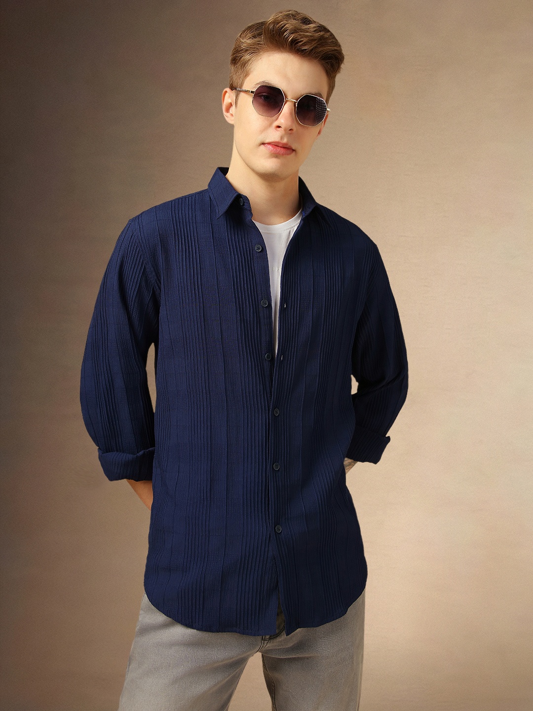 

Dennis Lingo Classic Relaxed Fit Textured Spread Collar Casual Shirt, Navy blue