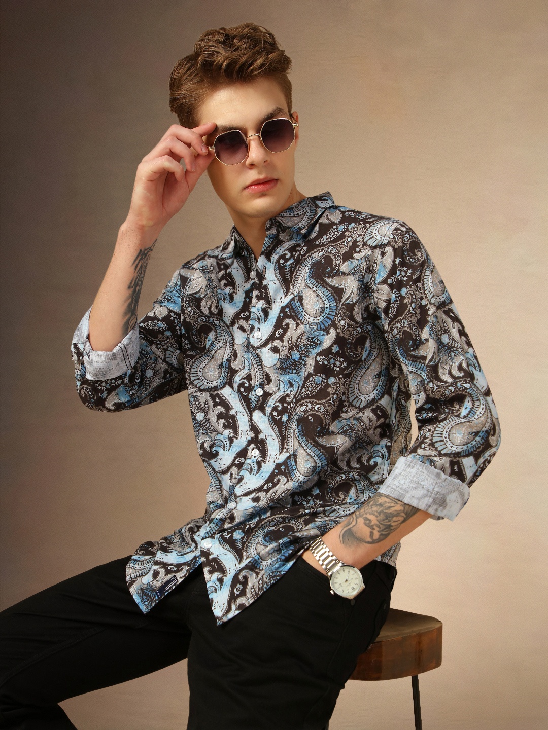 

Dennis Lingo Classic Floral Floral Printed Spread Collar Cotton Casual Shirt, Brown