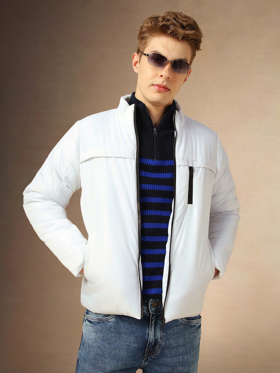 

Dennis Lingo Men Mock Collar Solid Casual Padded Jacket, White