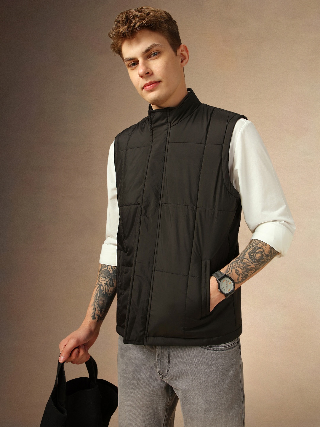 

Dennis Lingo Men Mock Collar Typography Printed Casual Padded Jacket, Black