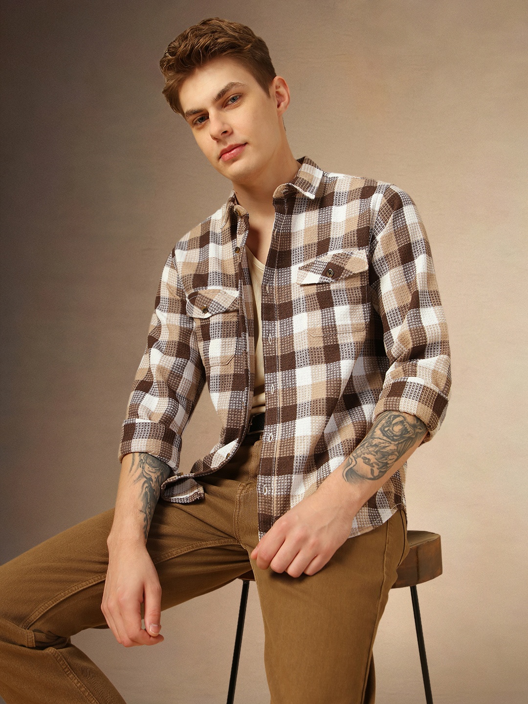 

Dennis Lingo Men Classic Relaxed Fit Spread Collar Tartan Checked Cotton Casual Shirt, Brown