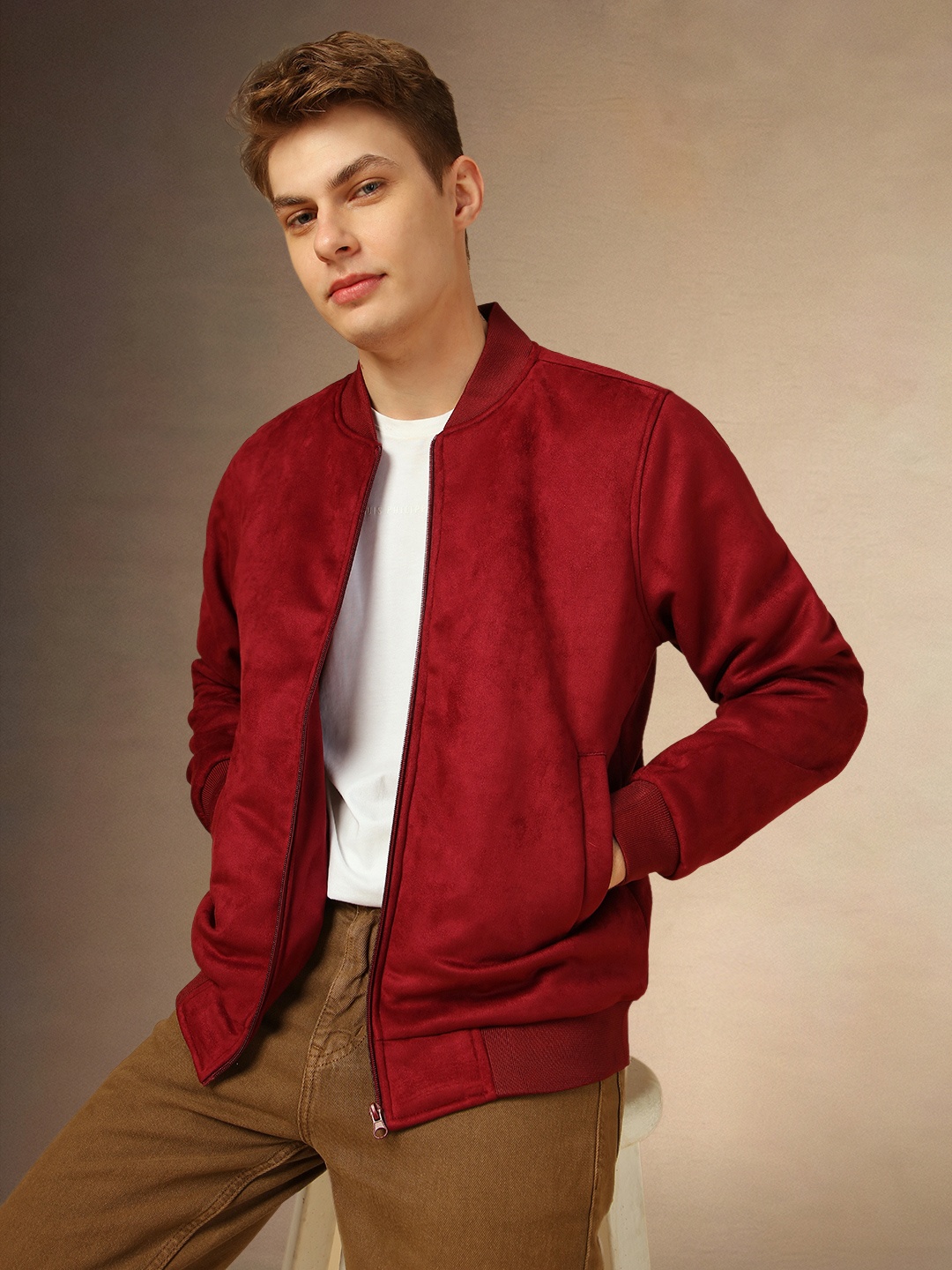 

Dennis Lingo Men Stand Collar Solid Casual Bomber Jacket, Maroon