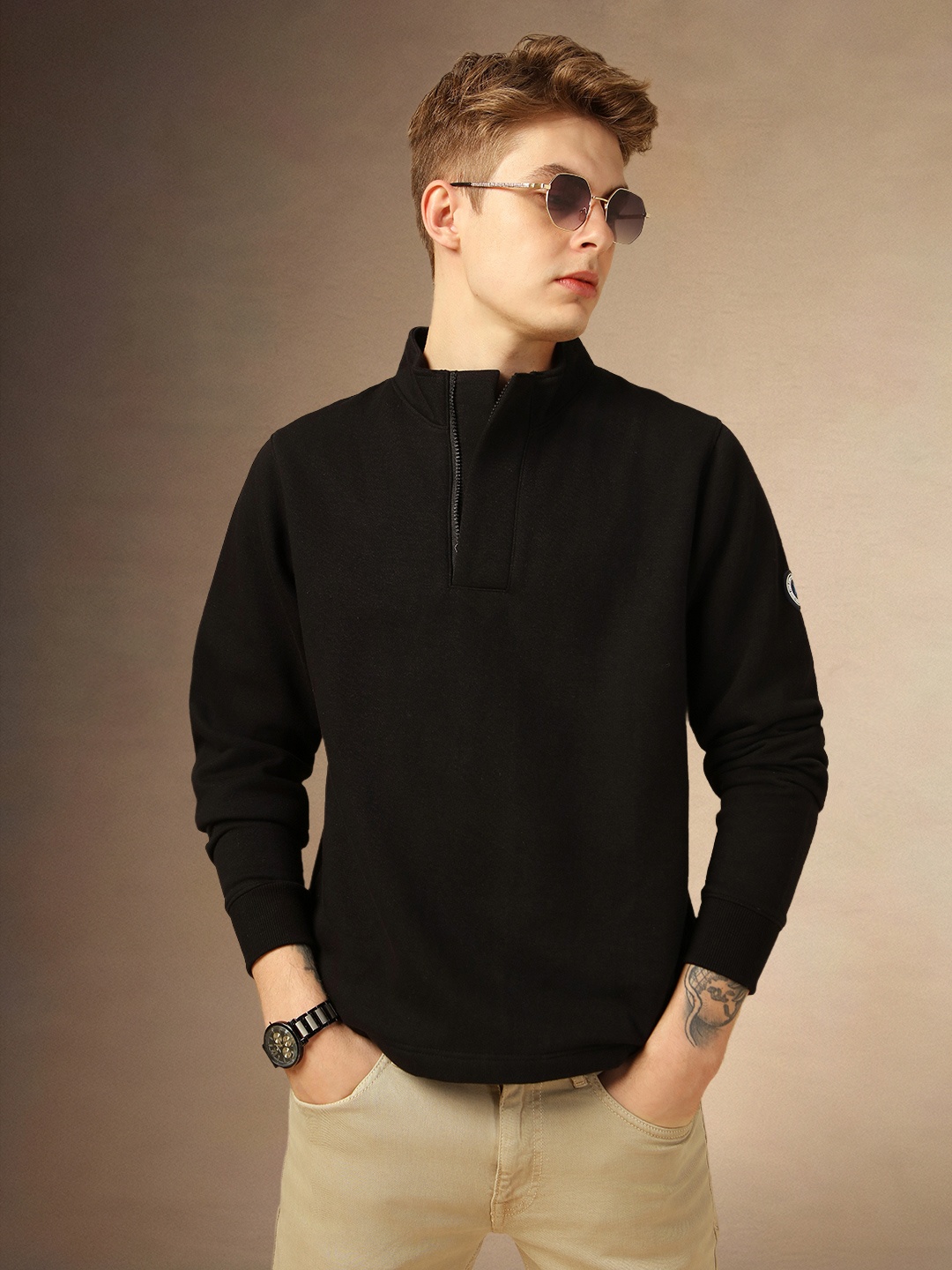 

Dennis Lingo Mock Collar Cotton Pullover, Black