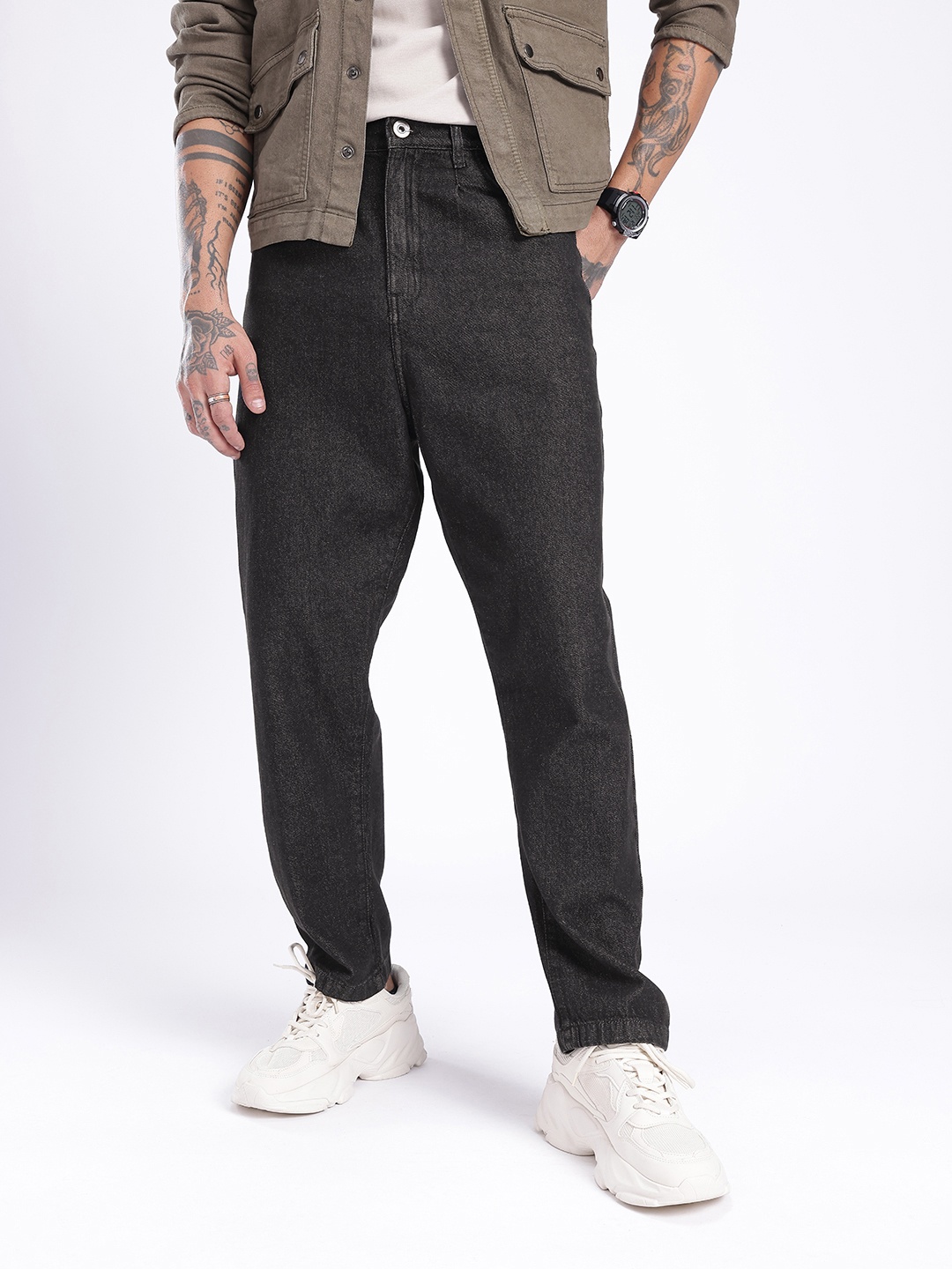 

glitchez Men Street Savvy Loose Cropped Fit Jeans, Black