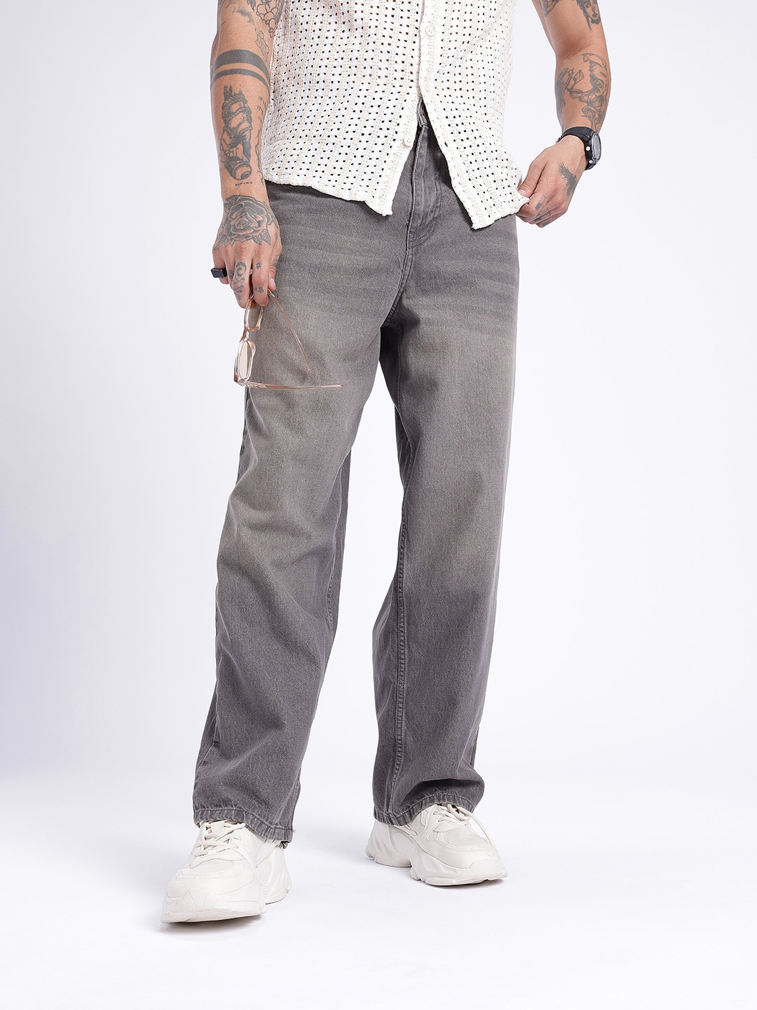 

glitchez Men Edgy Cool Loose Fit Light Fade Jeans, Grey