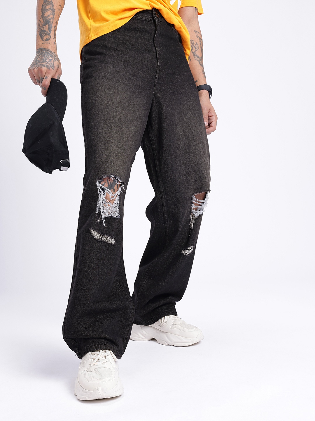 

glitchez Men Broken-in Baggy Distressed Light Fade Jeans, Black