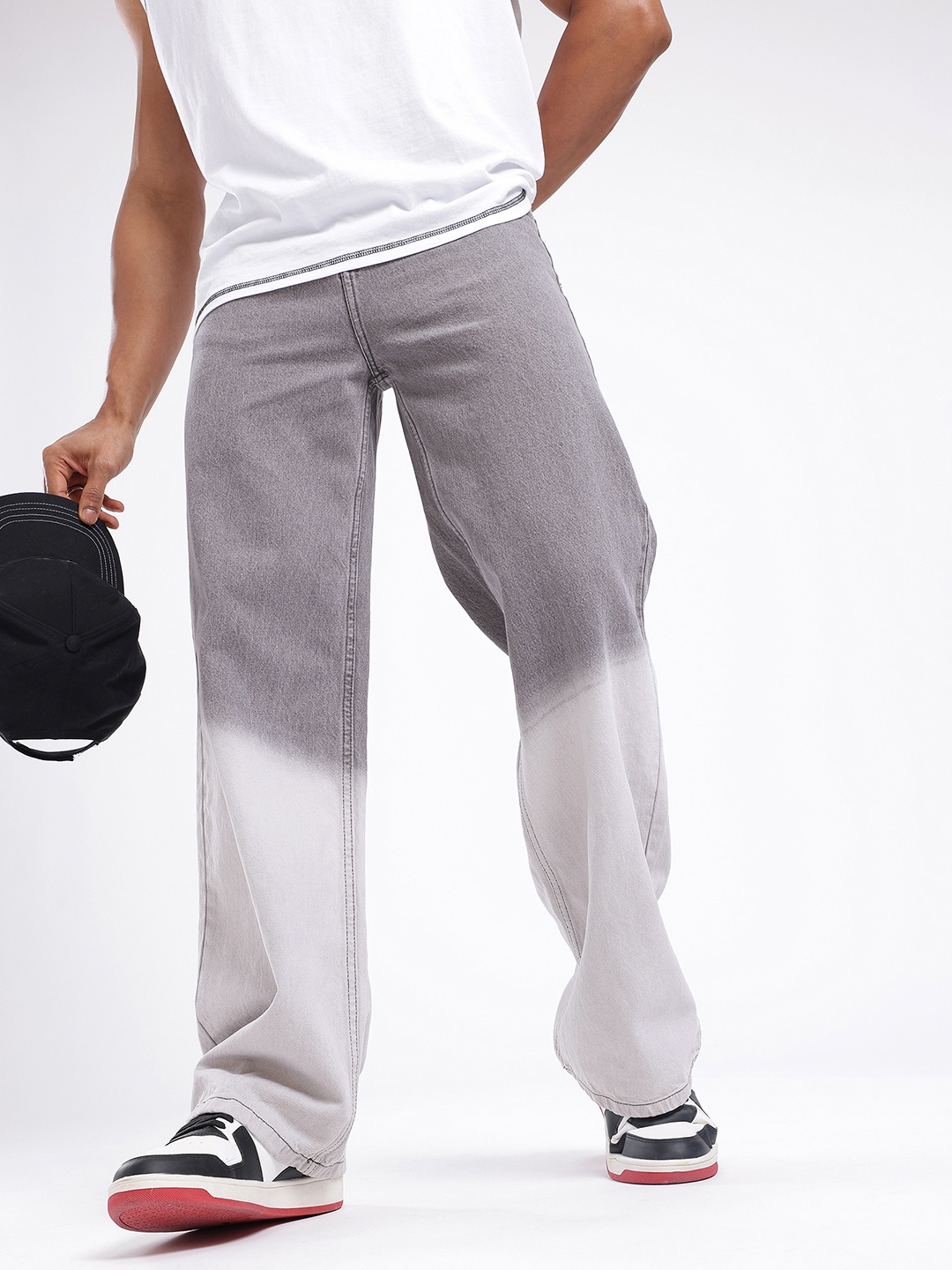 

glitchez Men Standout Style Wide Leg Colourblocked Jeans, Grey