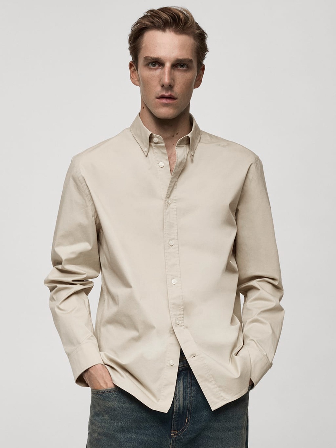 

MANGO MAN Button-Down Collar Casual Shirt, Beige