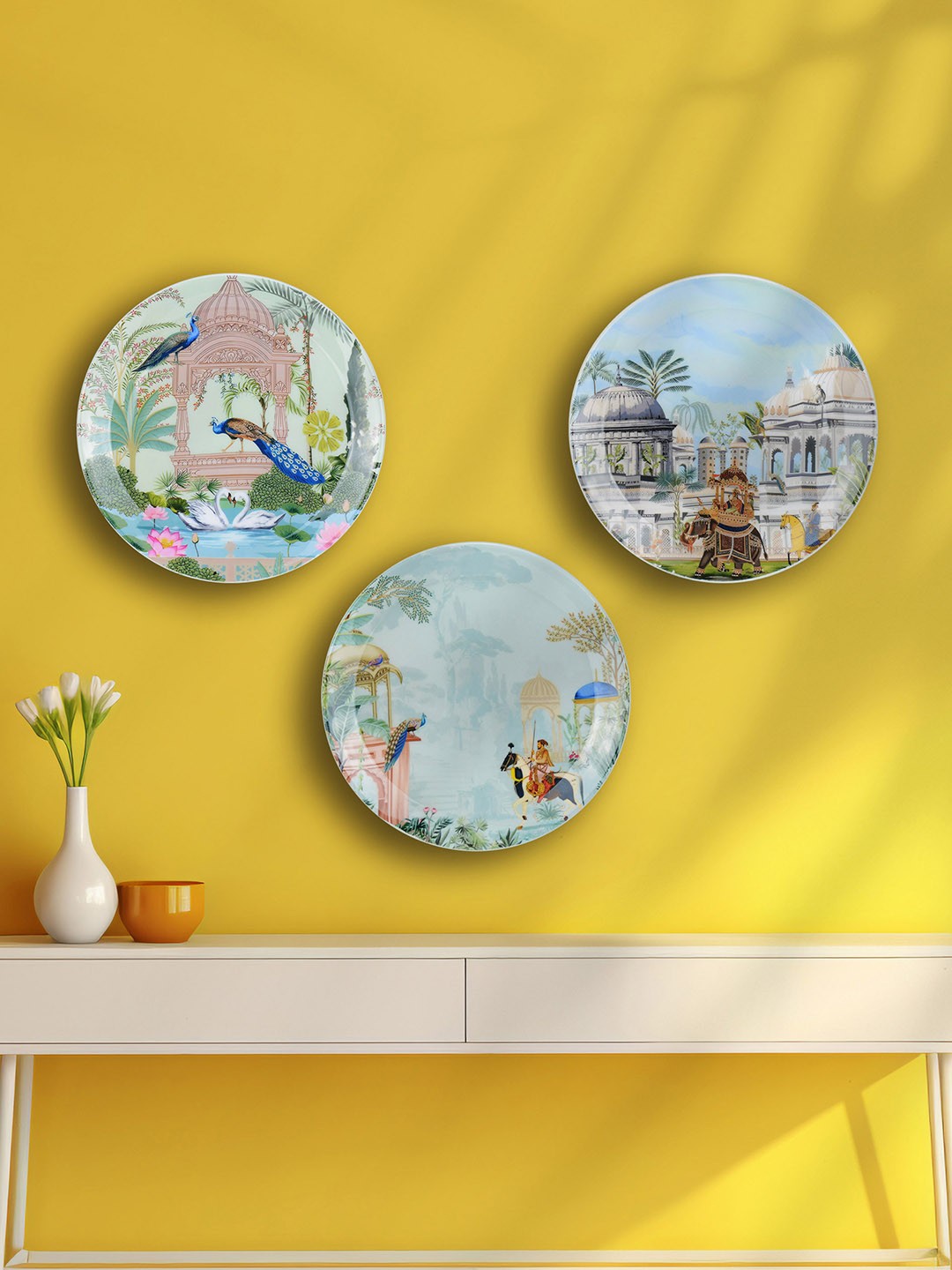 

Maison Modern Indian Heritage Grey & Blue 3 Pieces Printed Iron Round Wall Plates