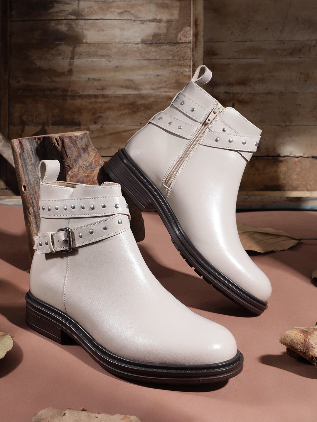 

The Roadster Life Co. Women Mid-Top Studded Regular Boots, Cream