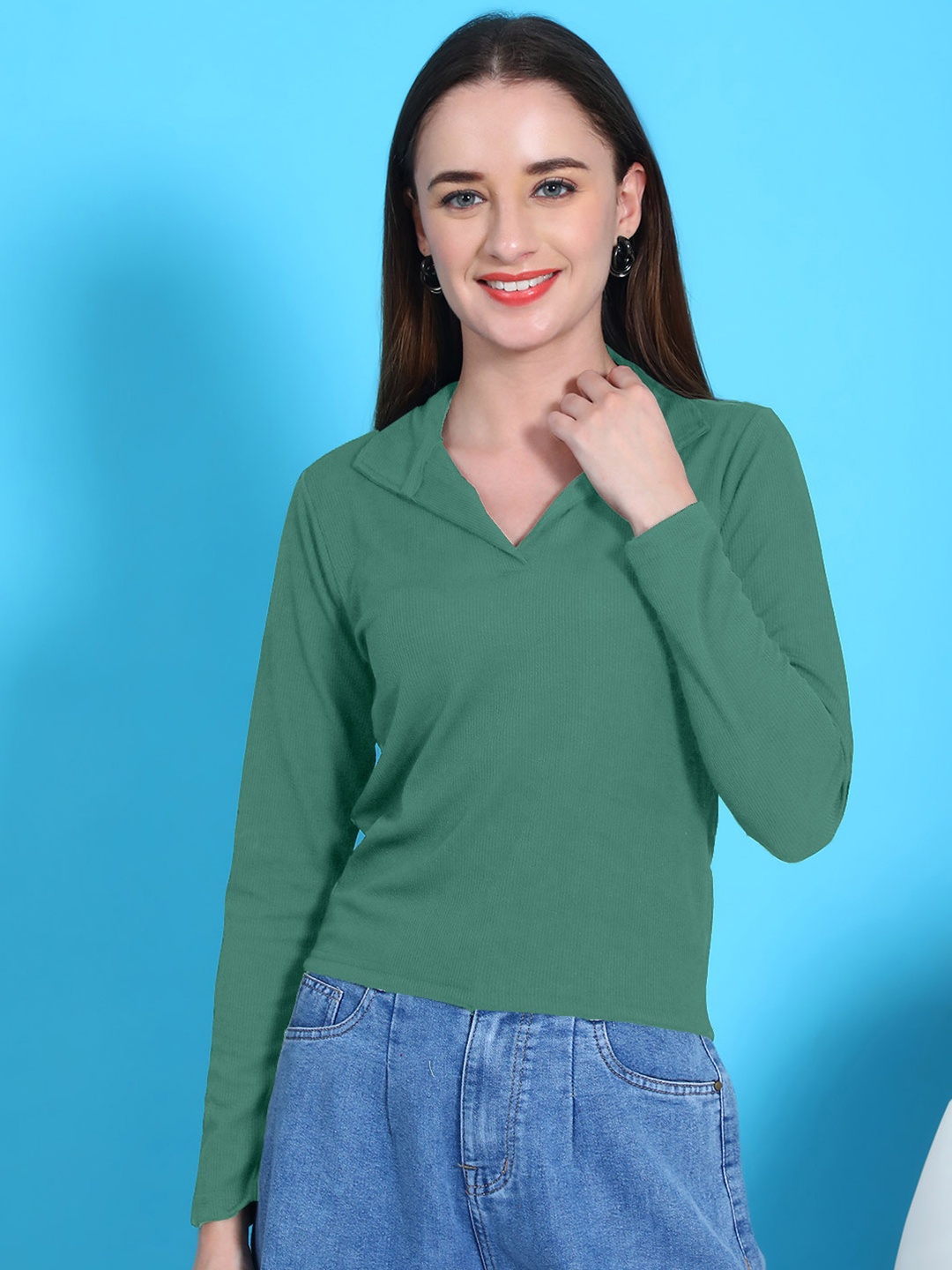 

Metronaut Women Solid Shirt Collar Top, Green