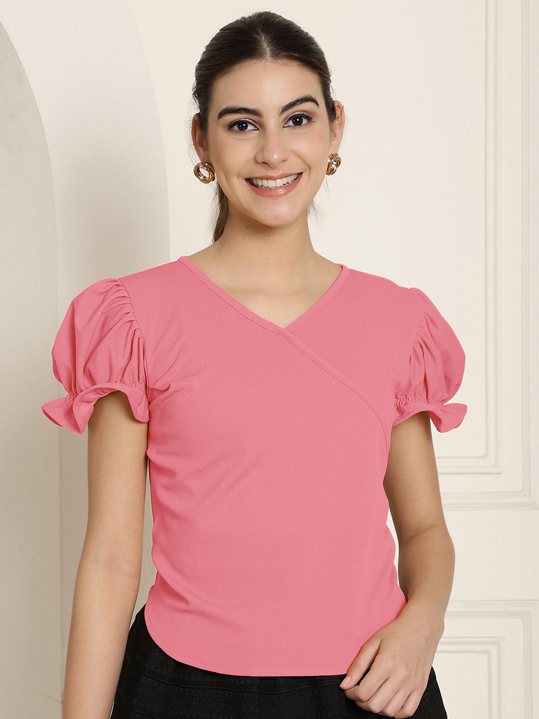 

Metronaut Women Solid Puff Sleeve Casual Top, Pink