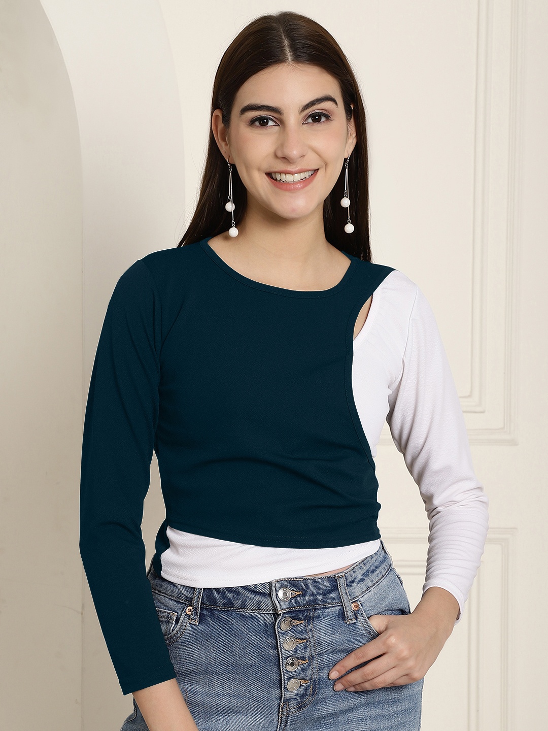 Metronaut Women Round Neck Color Block Top, Teal
