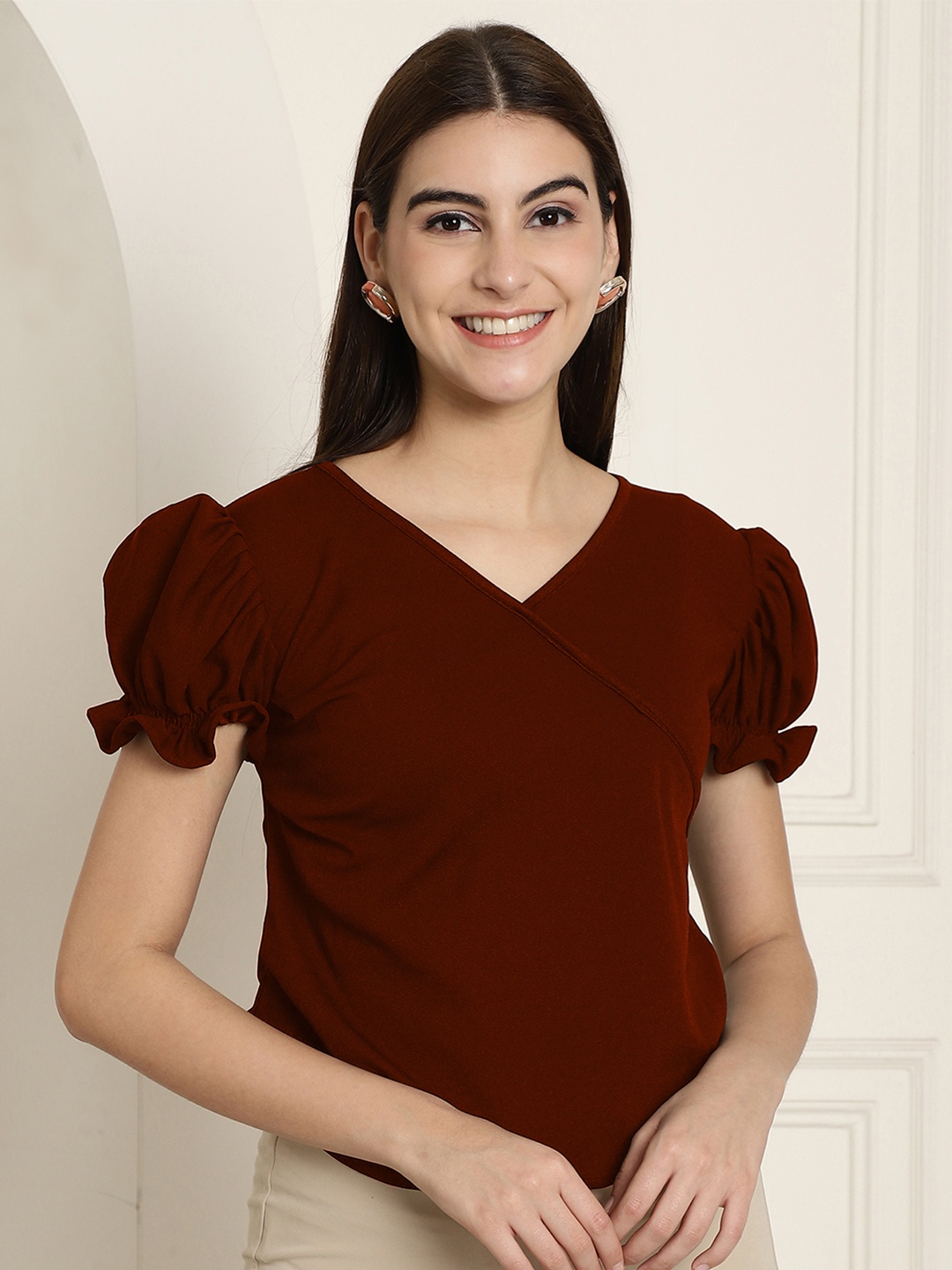 

Metronaut Women V-Neck Short Sleeves Top, Maroon