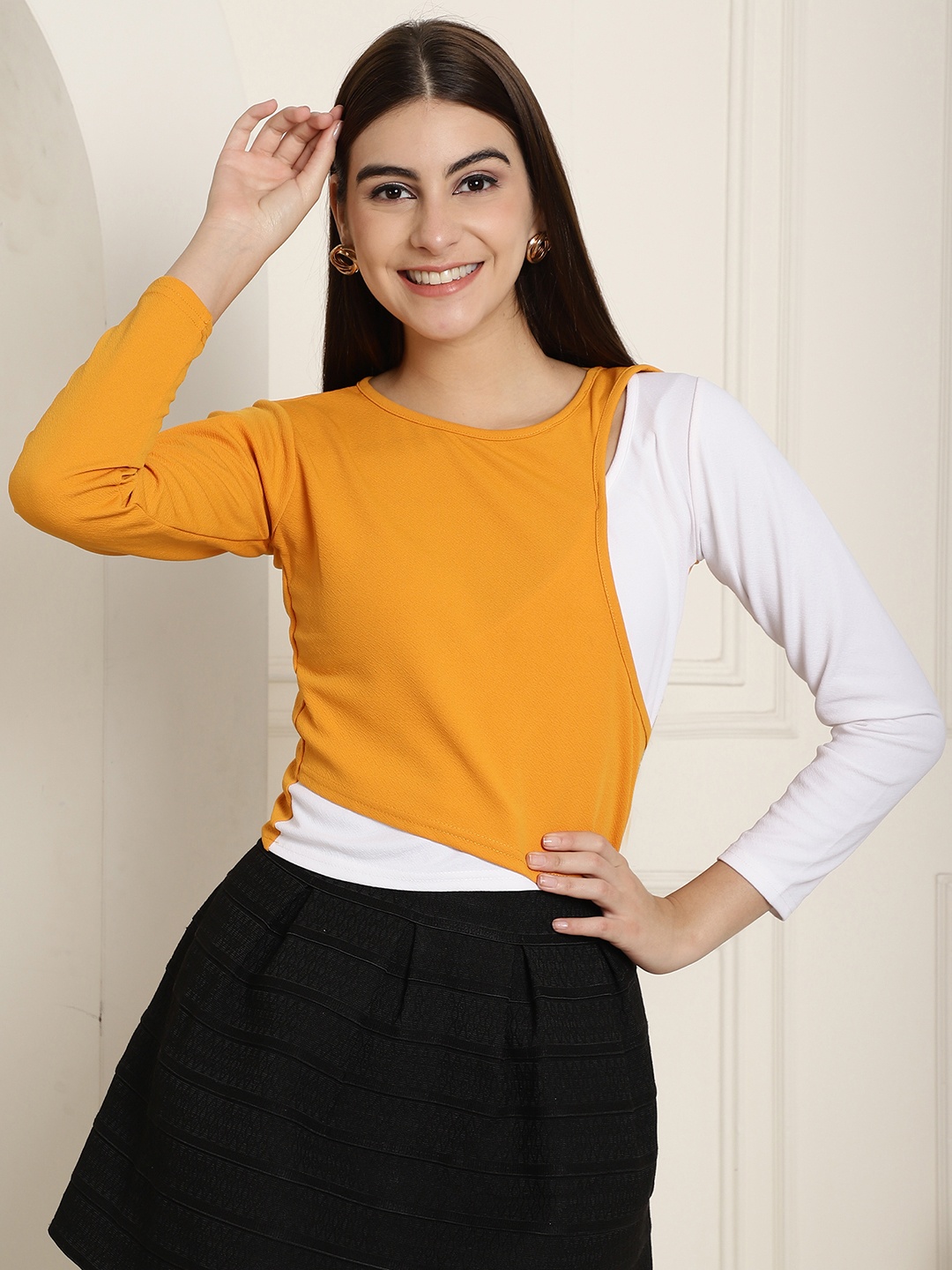 

Metronaut Women Solid Round Neck Top, Yellow