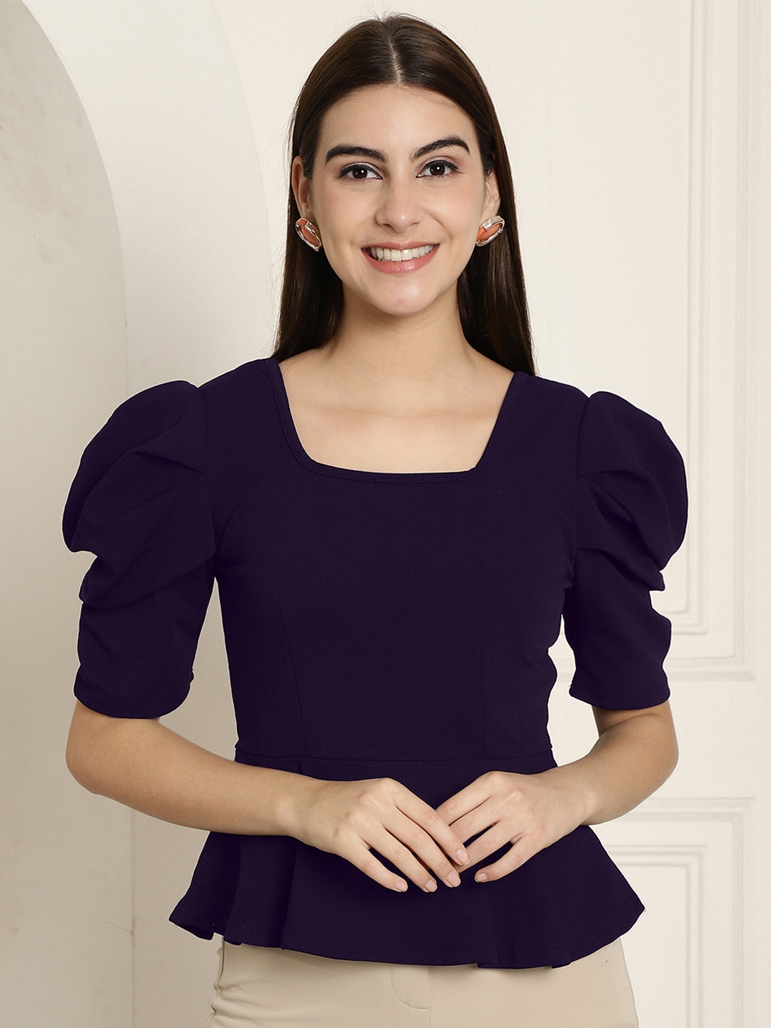 

Metronaut Women Square Neck TThree-Quarter Sleeves Top, Navy blue