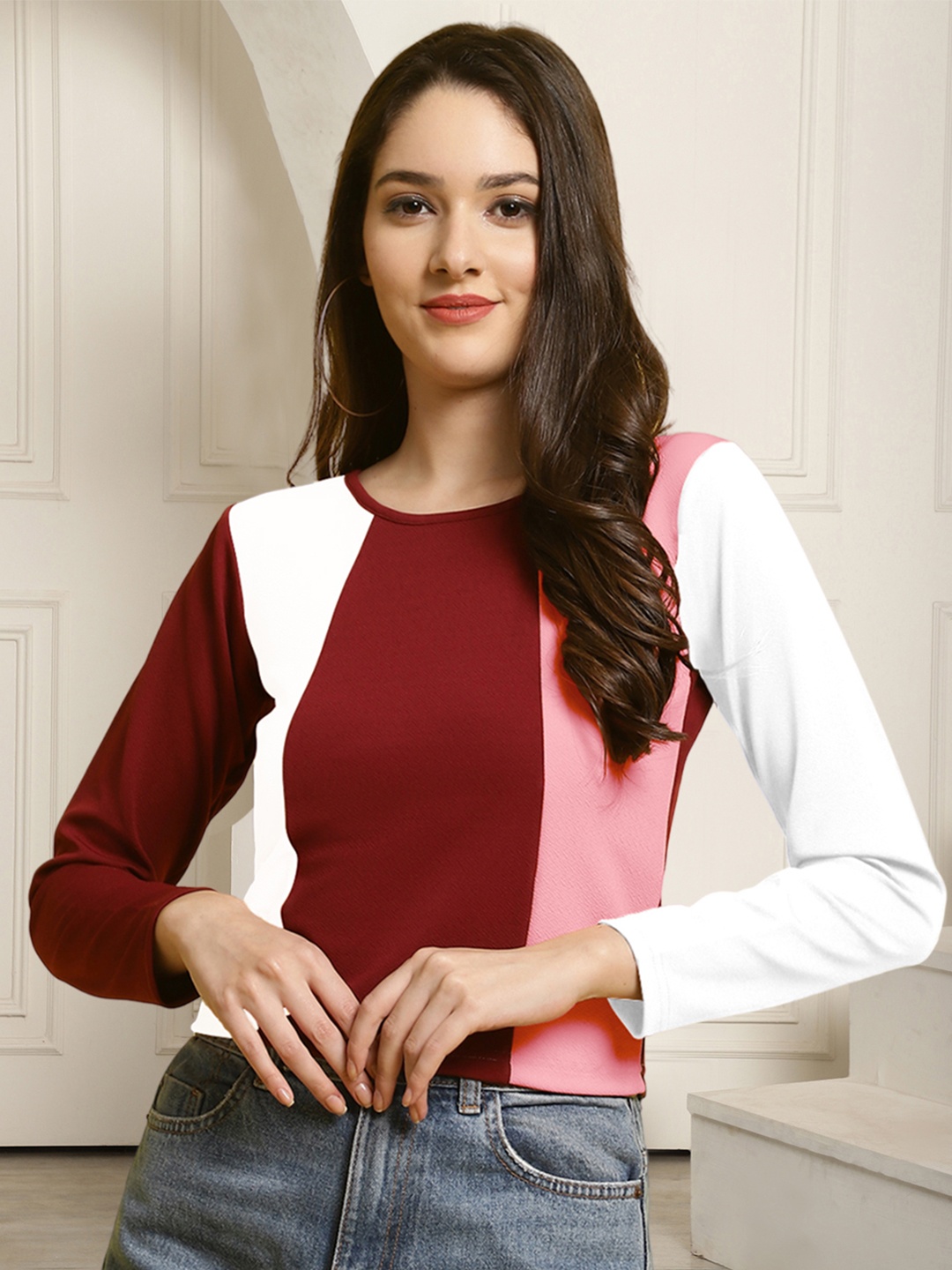 

Metronaut Women Red pink and White Round Neck Top