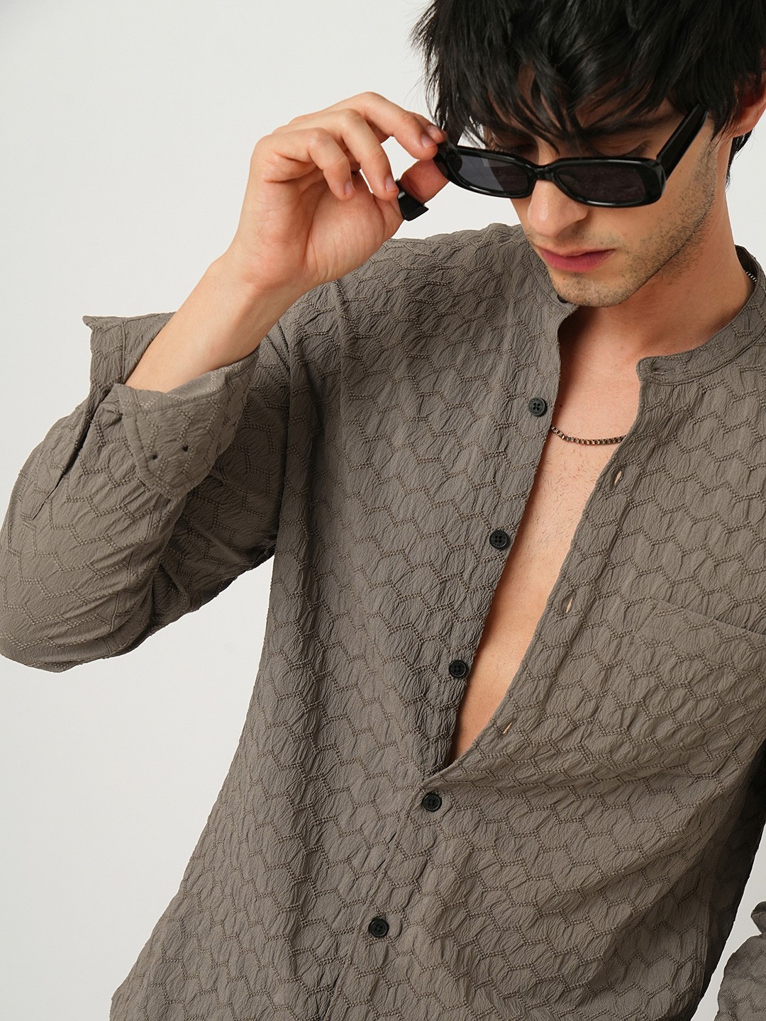 

VASTRADO Men Classic Band Collar Textured Slim Fit Casual Shirt, Olive