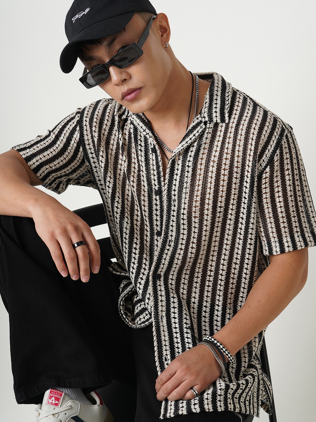 

VASTRADO Men Classic Cuban Collar Multi Striped Cotton Oversized Casual Shirt, Black