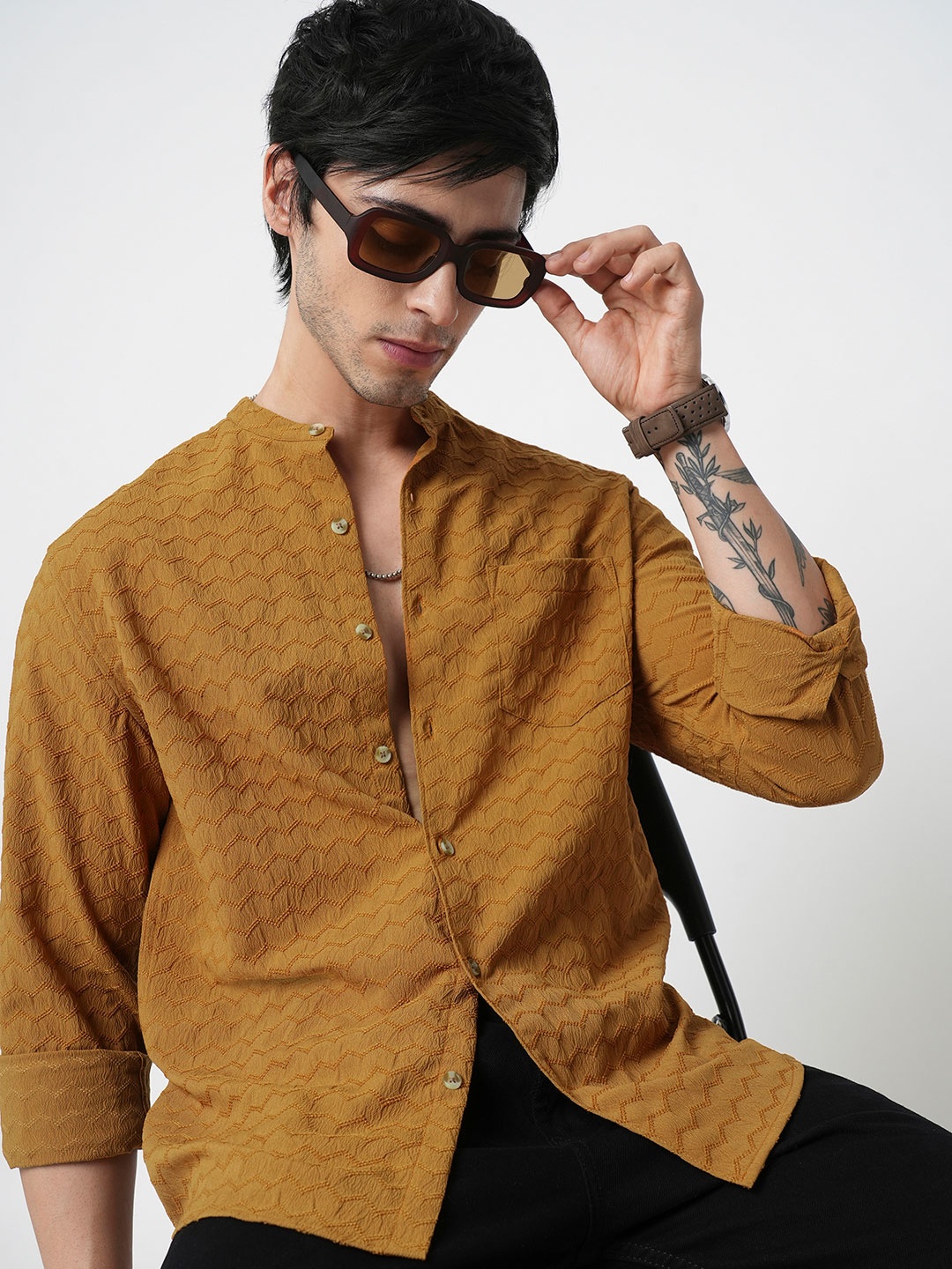 

VASTRADO Men Classic Band Collar Textured Slim Fit Casual Shirt, Mustard