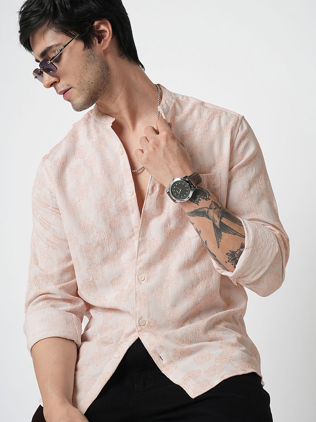 

VASTRADO Men Classic Band Collar Floral Printed Slim Fit Casual Shirt, Peach