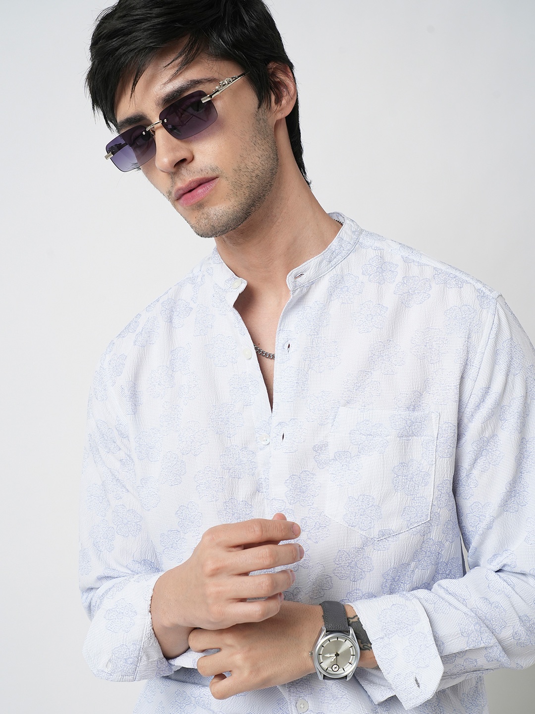 

VASTRADO Men Classic Band Collar Floral Printed Slim Fit Casual Shirt, Blue