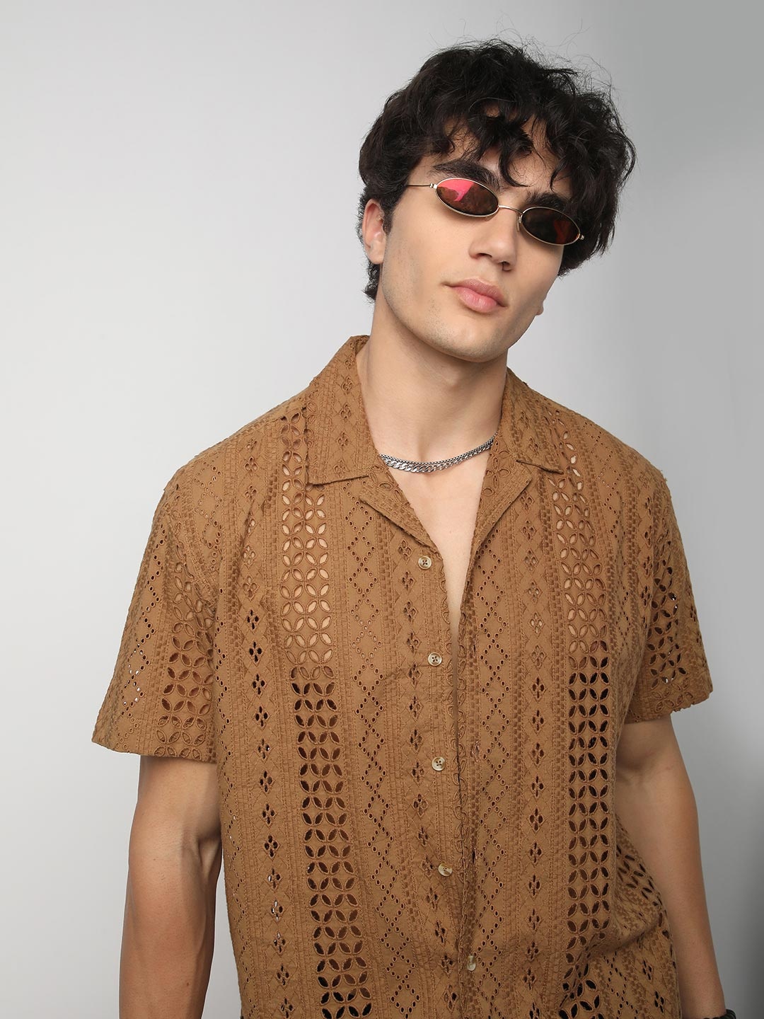 

VASTRADO Men Classic Cuban Collar Textured Cotton Oversized Casual Shirt, Brown