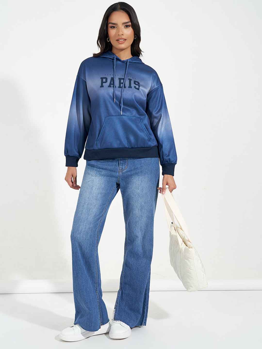 Styli Women Typography Printed Hooded Sweatshirt, Blue
