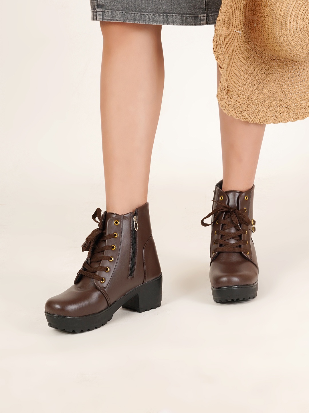 

PLANET WALK Women Block Heeled Mid- Top Boots, Brown