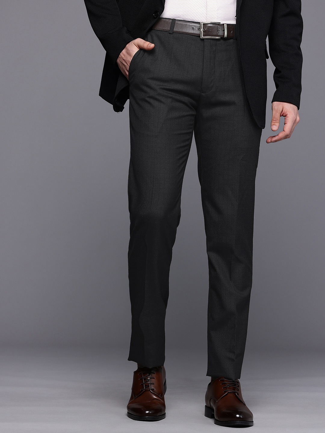 

Raymond Men Checked Slim Fit Formal Trousers, Black